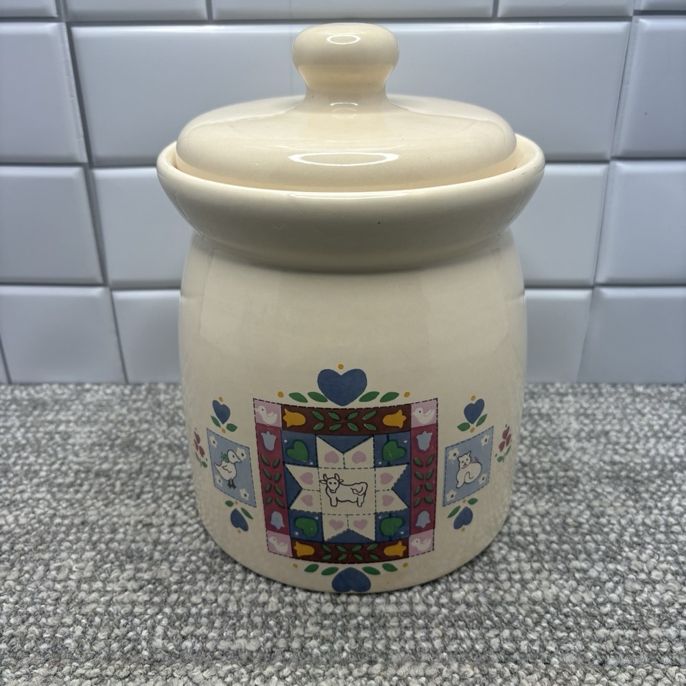 Country Quilt Canister VTG Ceramic Made In Mexico Lofisa Cottage Core Ducks Cats